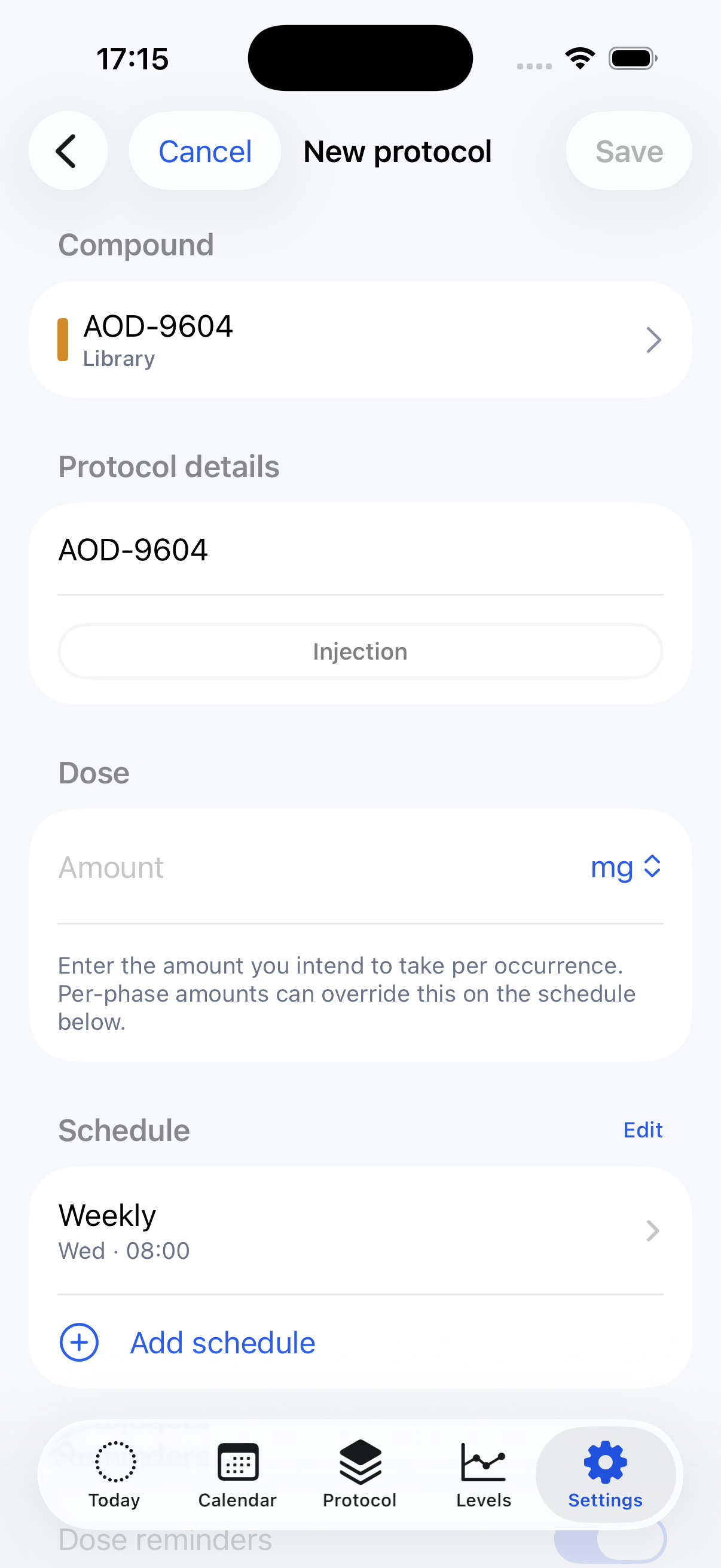 New protocol form with compound, dose, and schedule sections