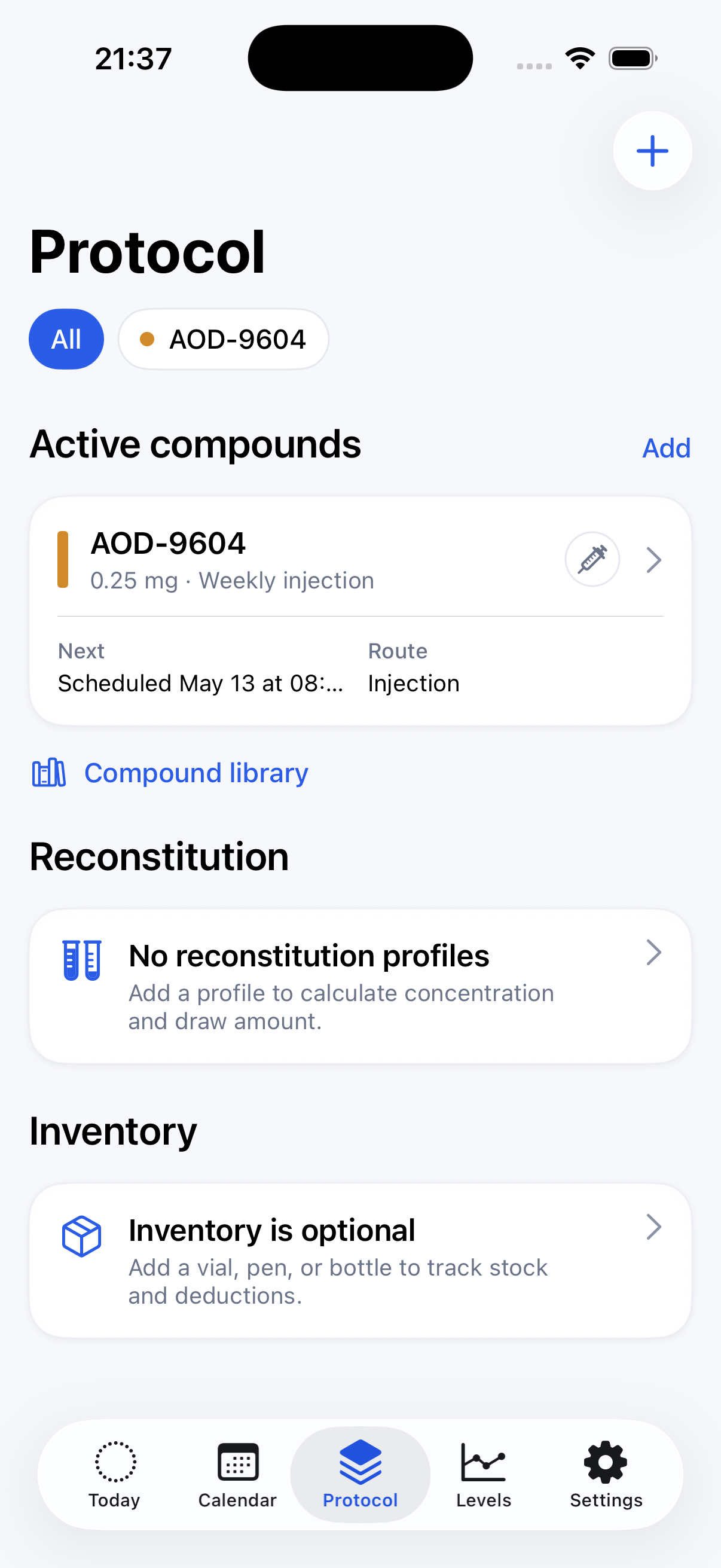 Protocol tab with active compound and setup entry points