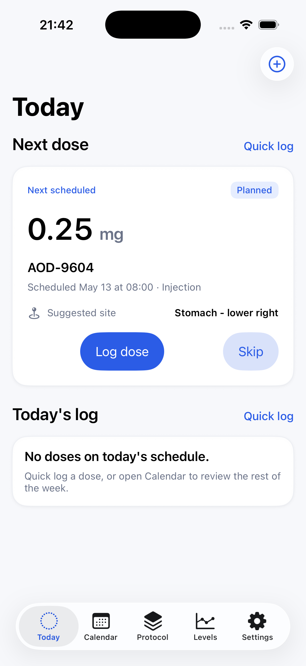 Today tab showing next dose and suggested site