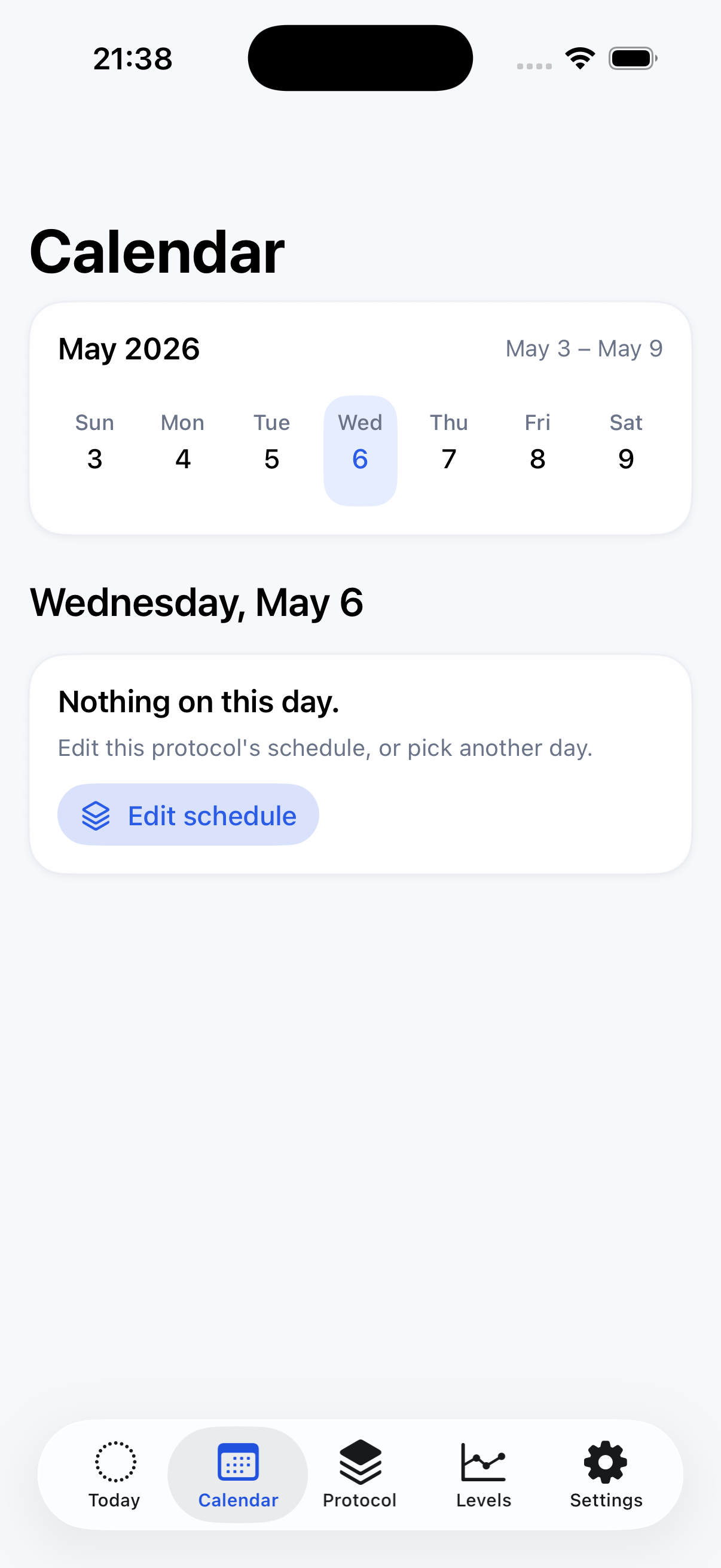 Calendar tab with week selector and selected day